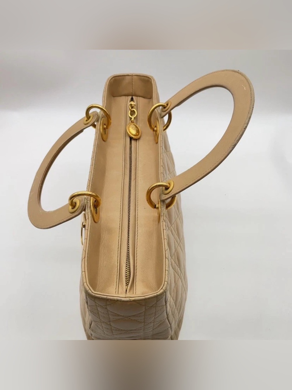 Authentic Vintage Christian Dior Leather Beige Gold Large Lady Dior Handbag - Picture 5 of 15